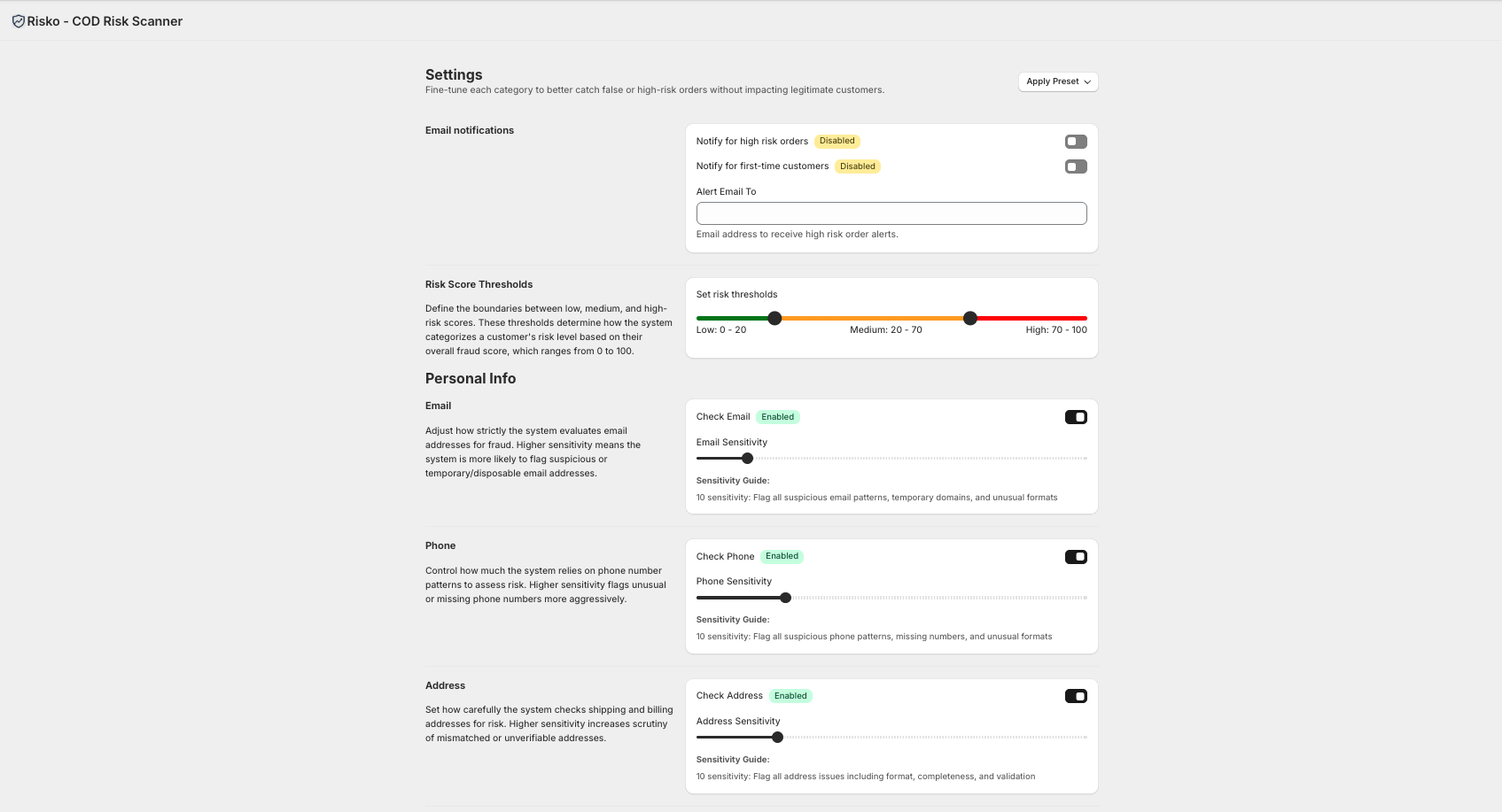 Settings Dashboard